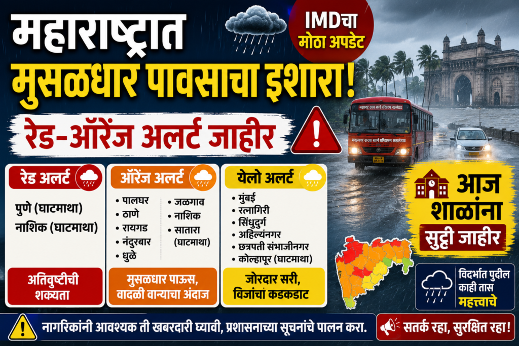 महाराष्ट्रात मुसळधार पावसाचा इशारा रेड-ऑरेंज अलर्ट जाहीर; आज शाळांना सुट्टी IMDचा मोठा अपडेट! Aajcha Havaman Andaj