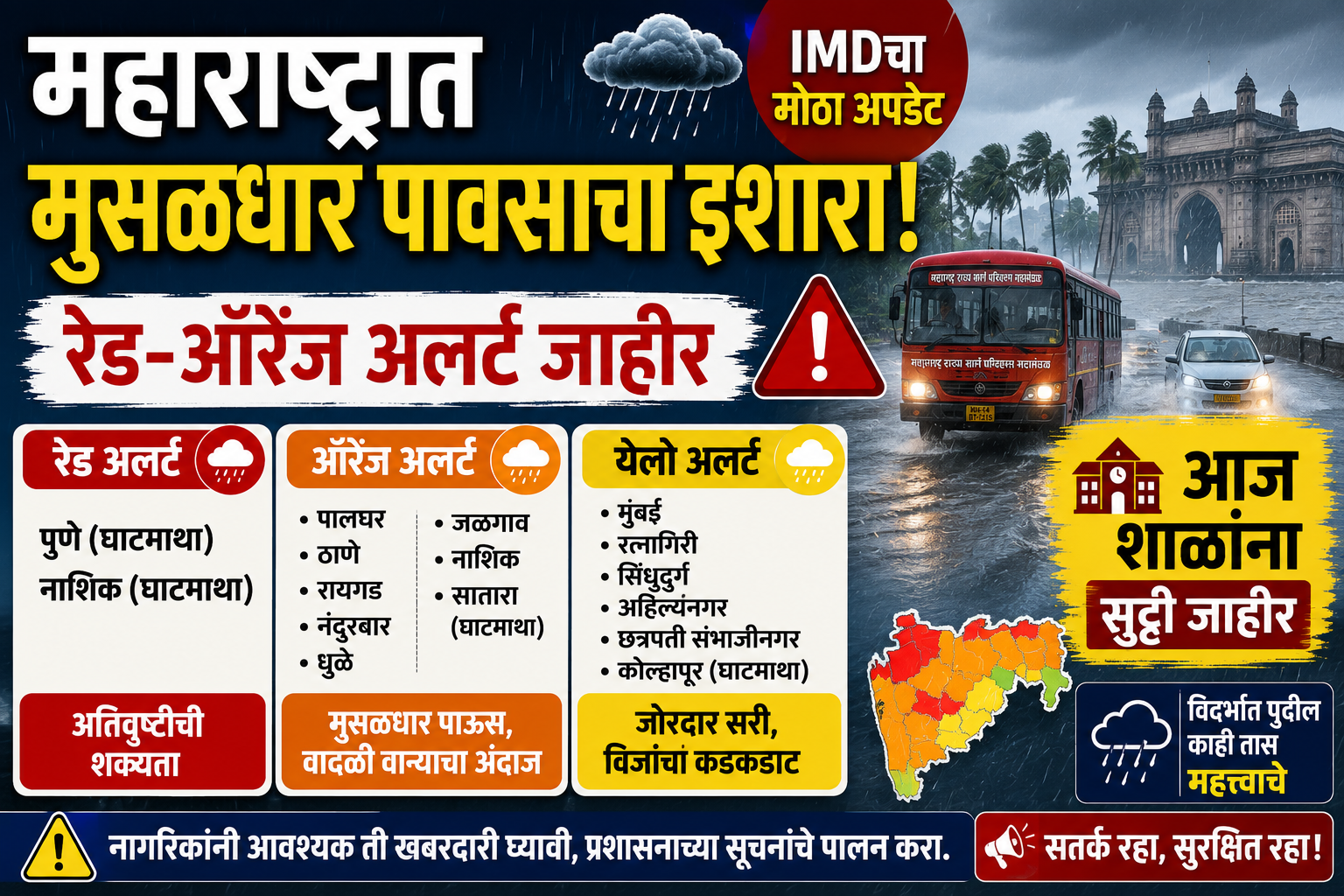 महाराष्ट्रात मुसळधार पावसाचा इशारा रेड-ऑरेंज अलर्ट जाहीर; आज शाळांना सुट्टी IMDचा मोठा अपडेट! Aajcha Havaman Andaj